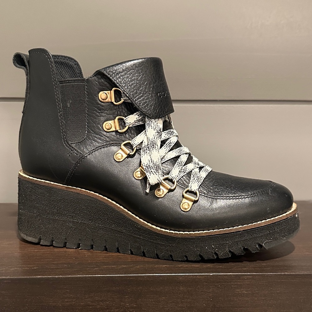 Cole Haan Waterproof Grand Explorer Black Lace Up Boots‎ with Gold Eyelets